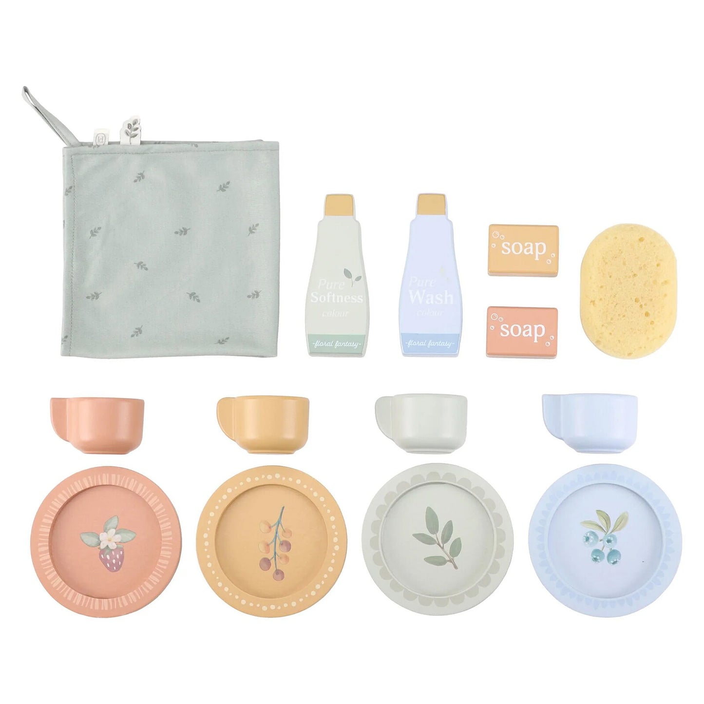 Set complet d’accessoires en bois Little Dutch avec vaisselle, savon, éponge et sac de rangement