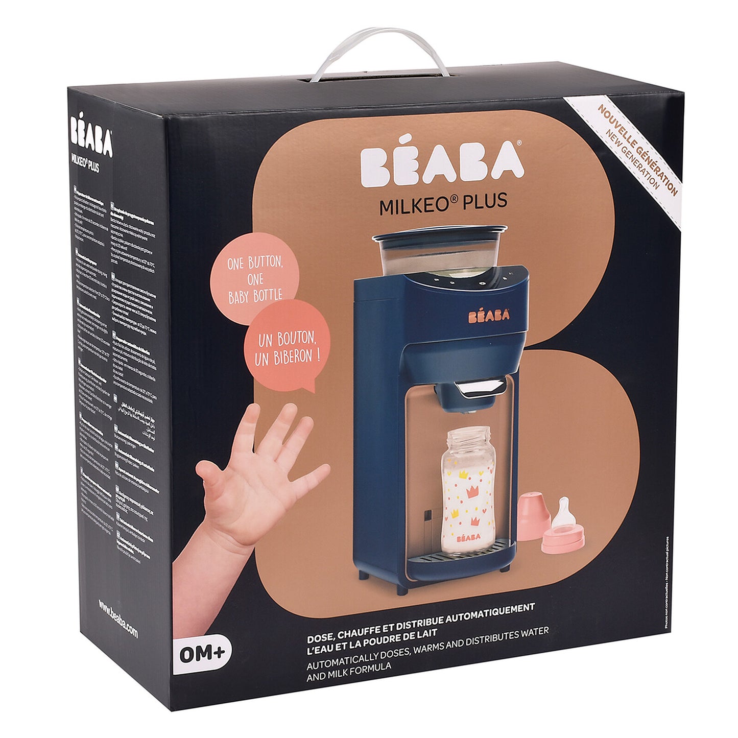 BÉABA Milkéo Plus Night Blue posé sur un plan de travail, pratique et moderne pour les repas de bébé.