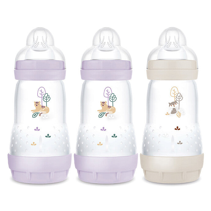 Lot de 3 biberons MAM Easy Start Lilas & Sable 260 ml vue de face