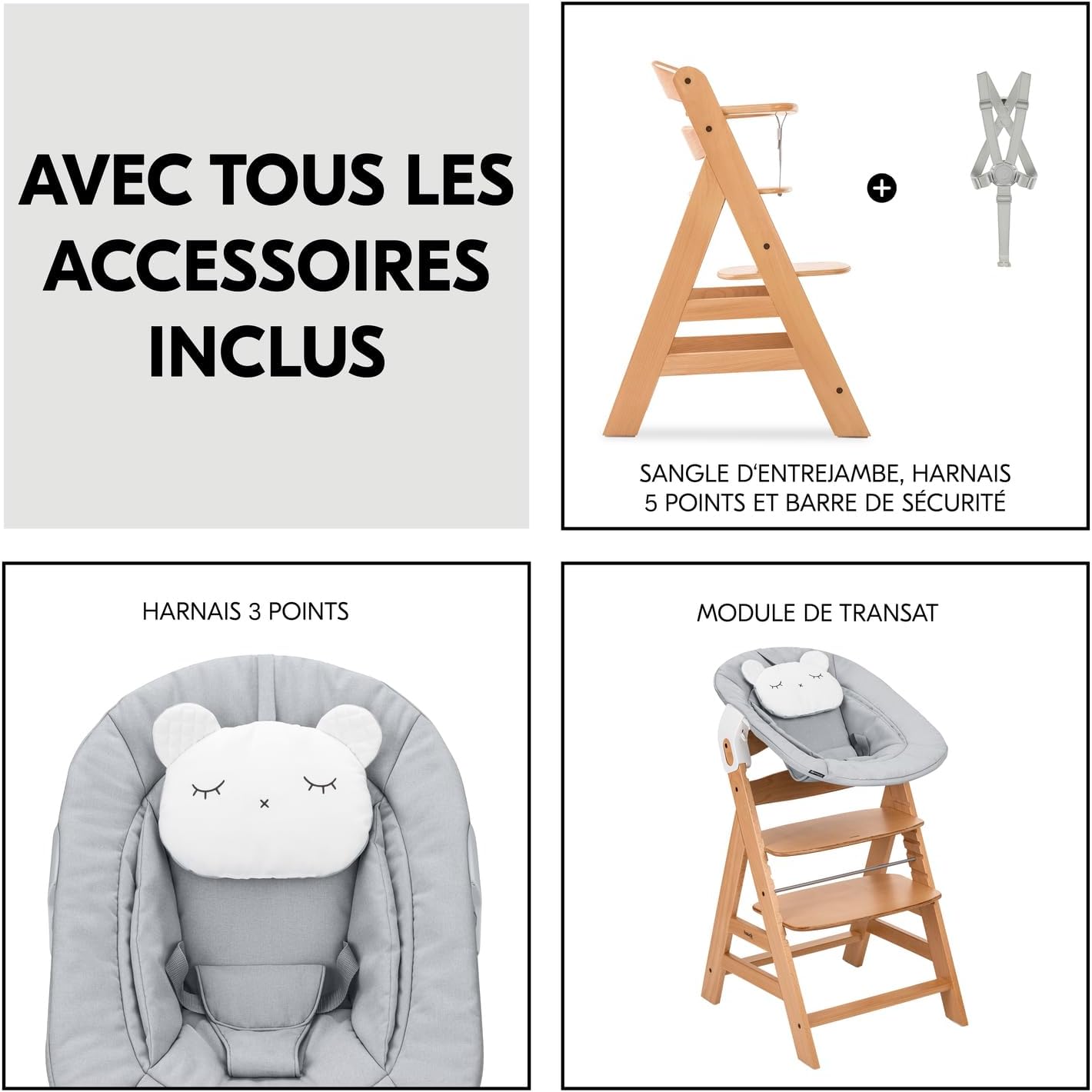 Chaise haute Hauck Alpha en bois avec tous les accessoires inclus : harnais 3 points, sangle, barre de sécurité et coussin réducteur