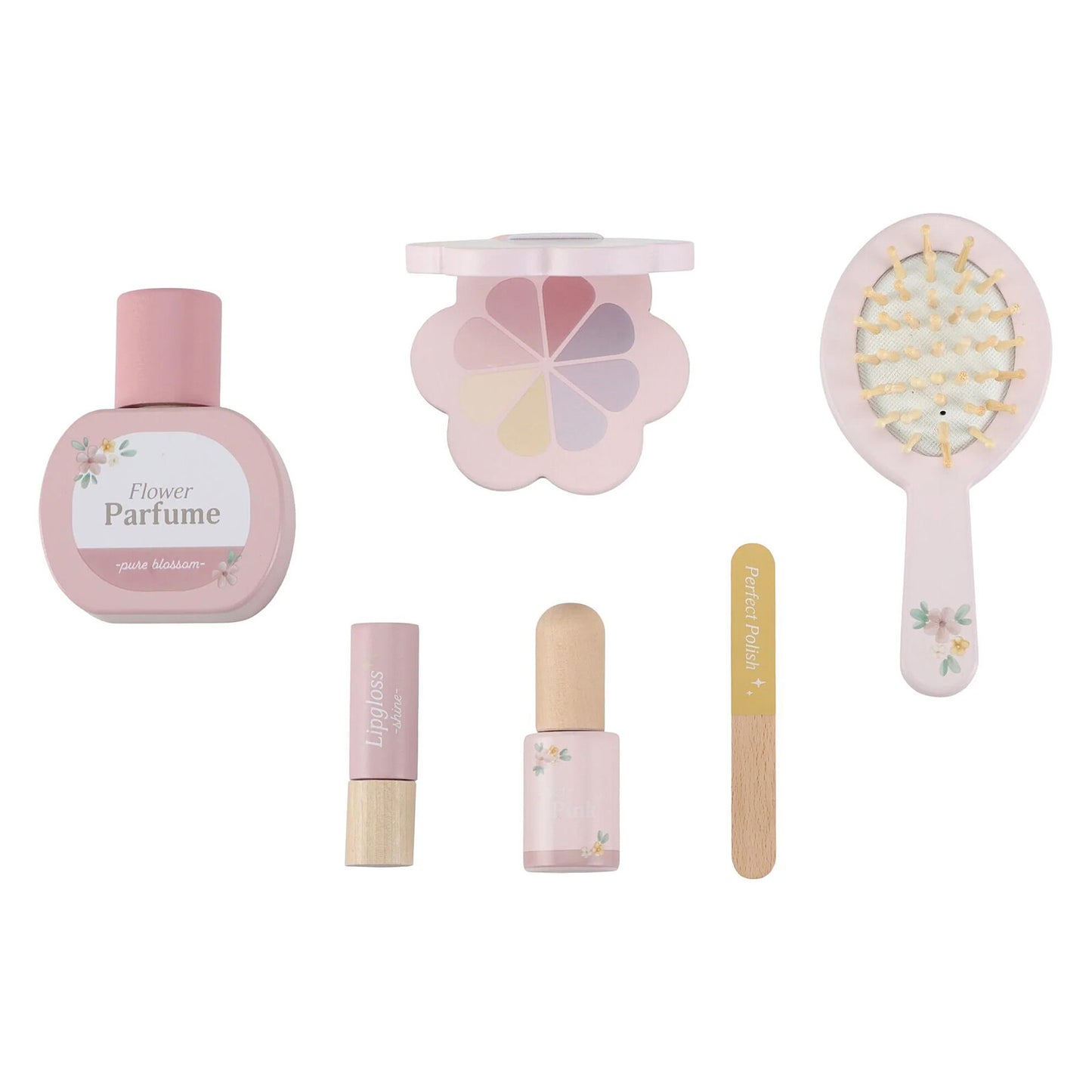 Accessoires de beauté fournis avec la coiffeuse rose
