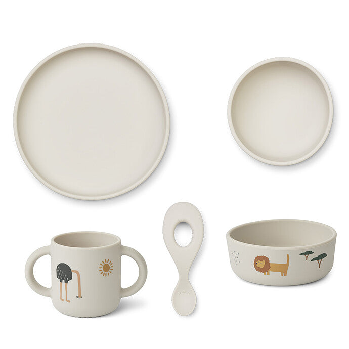 alt="Set repas 4 pièces Liewood Vivi Safari Sandy Mix tasse, assiette, bol et cuillère" 1