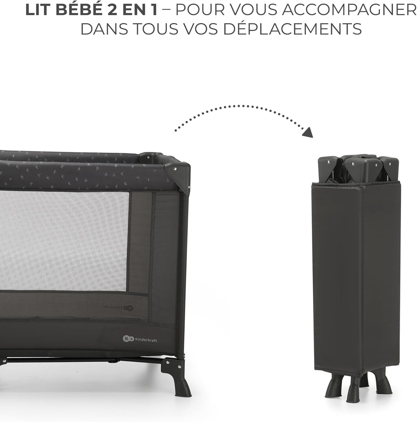 Lit parapluie bébé 2 en 1 Kinderkraft JOY LIGHT, plié et déplié pour les déplacements