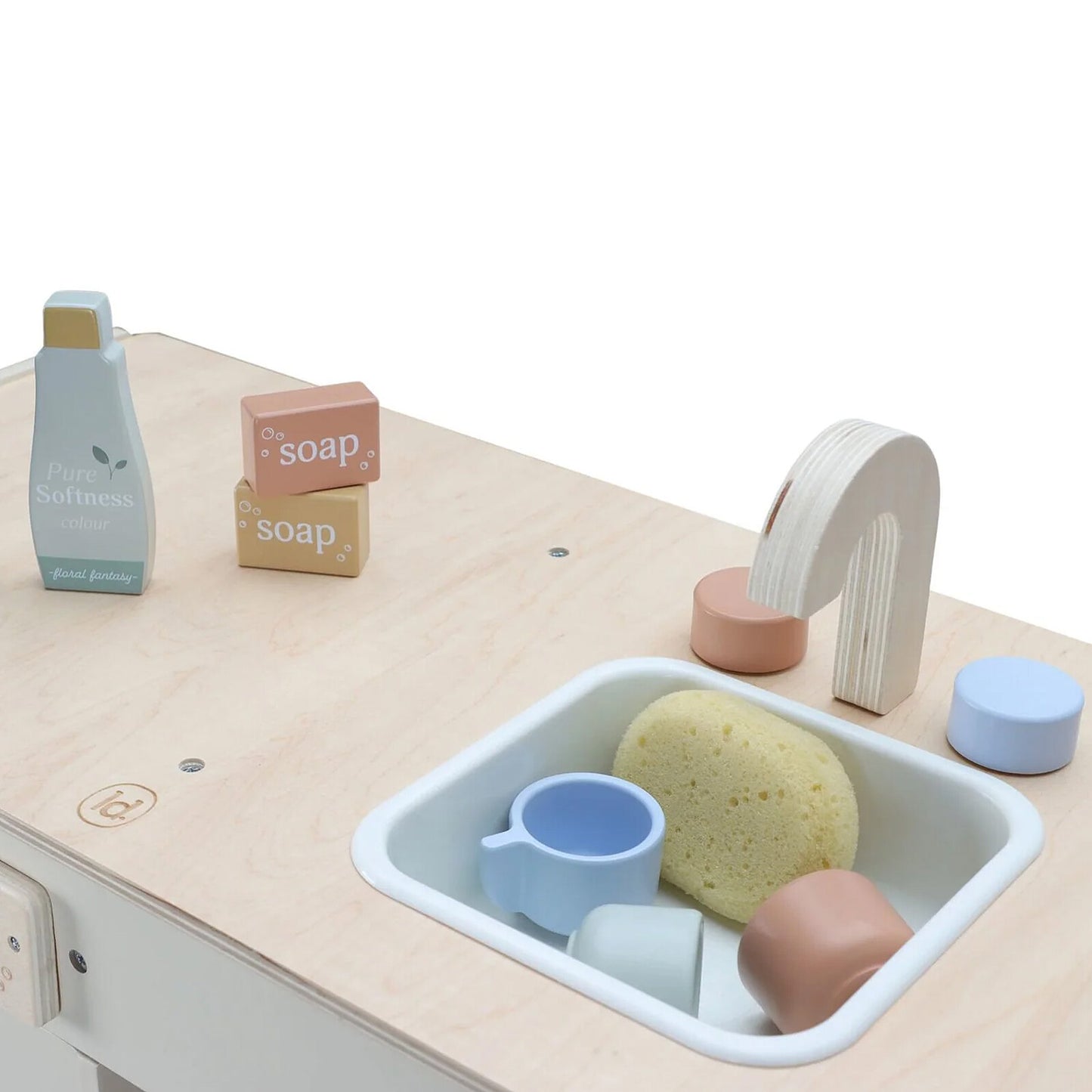 Accessoires de la machine à laver Little Dutch : éponge, savon et vaisselle en bois