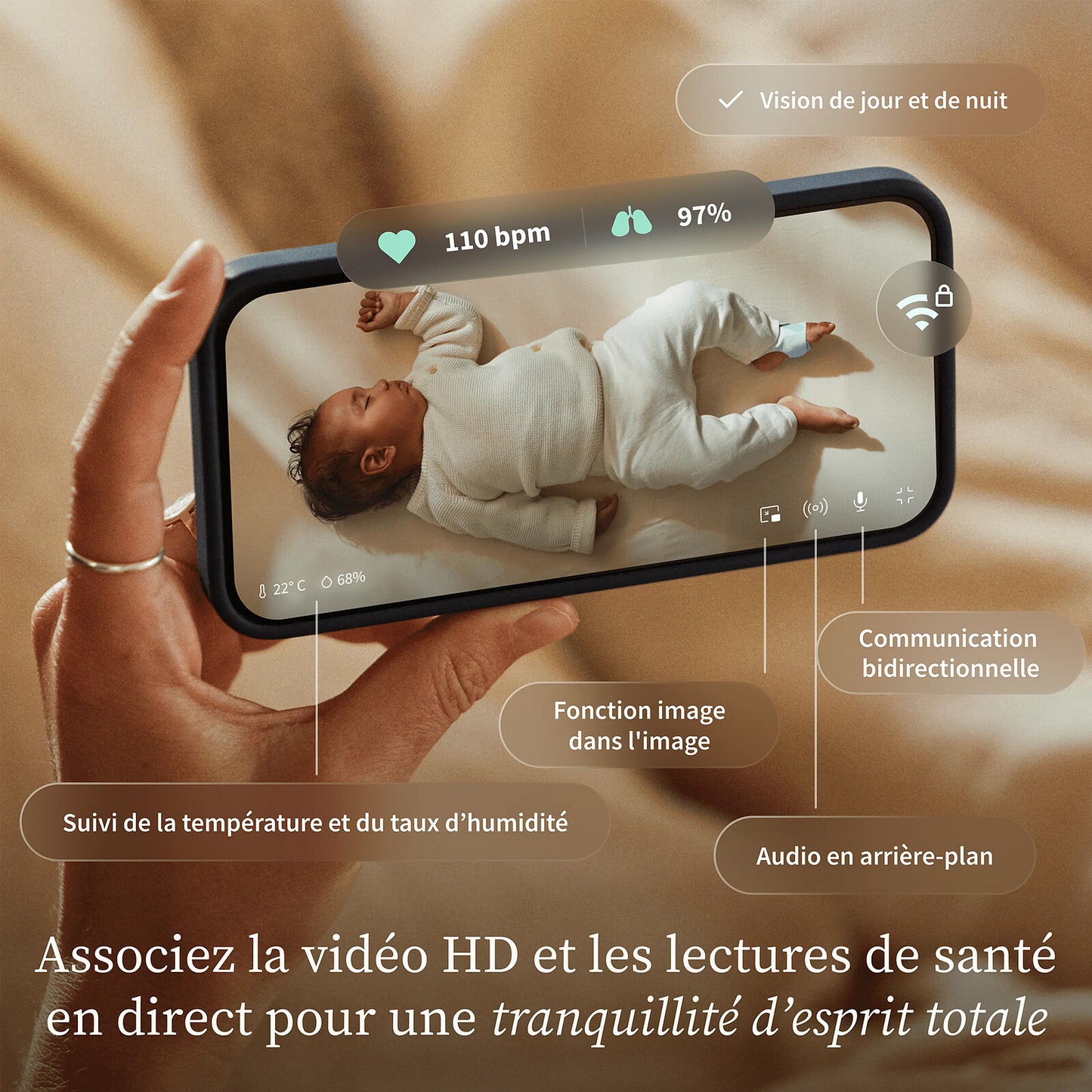 Vue d’ensemble Owlet Dream Duo 3 avec application mobile