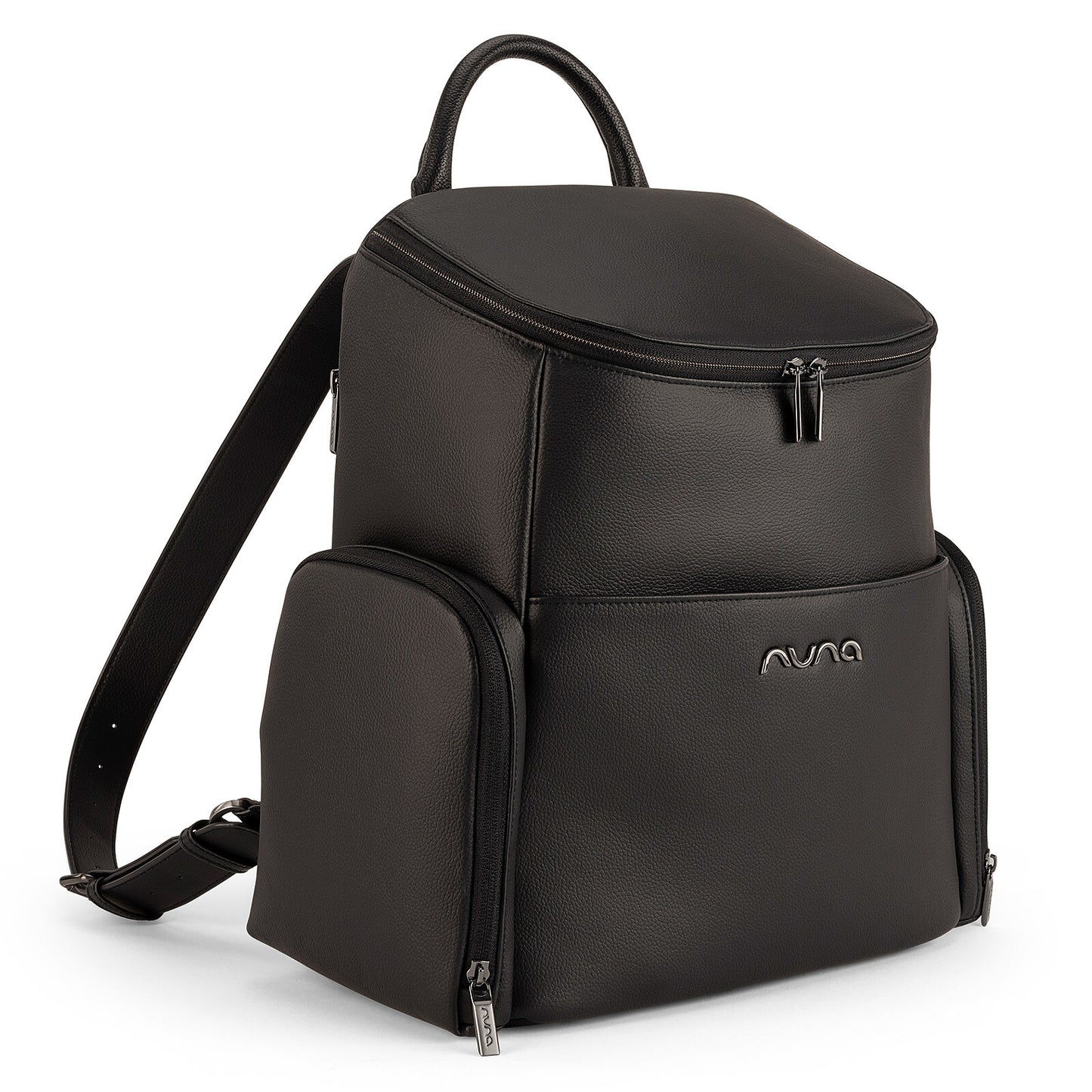 Sac à dos à langer Nuna en similicuir noir avec grandes poches et fermeture éclair