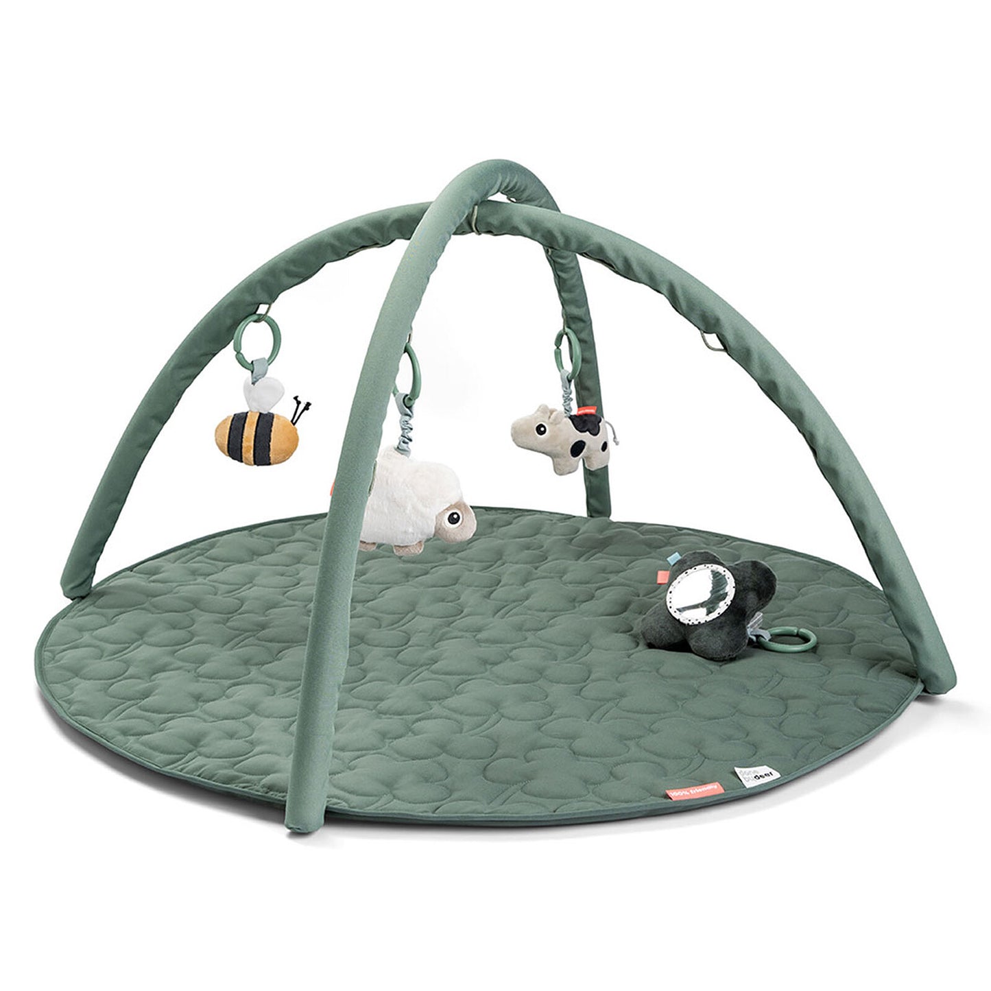 Détail jouets amovibles (hochet, miroir, étiquettes)