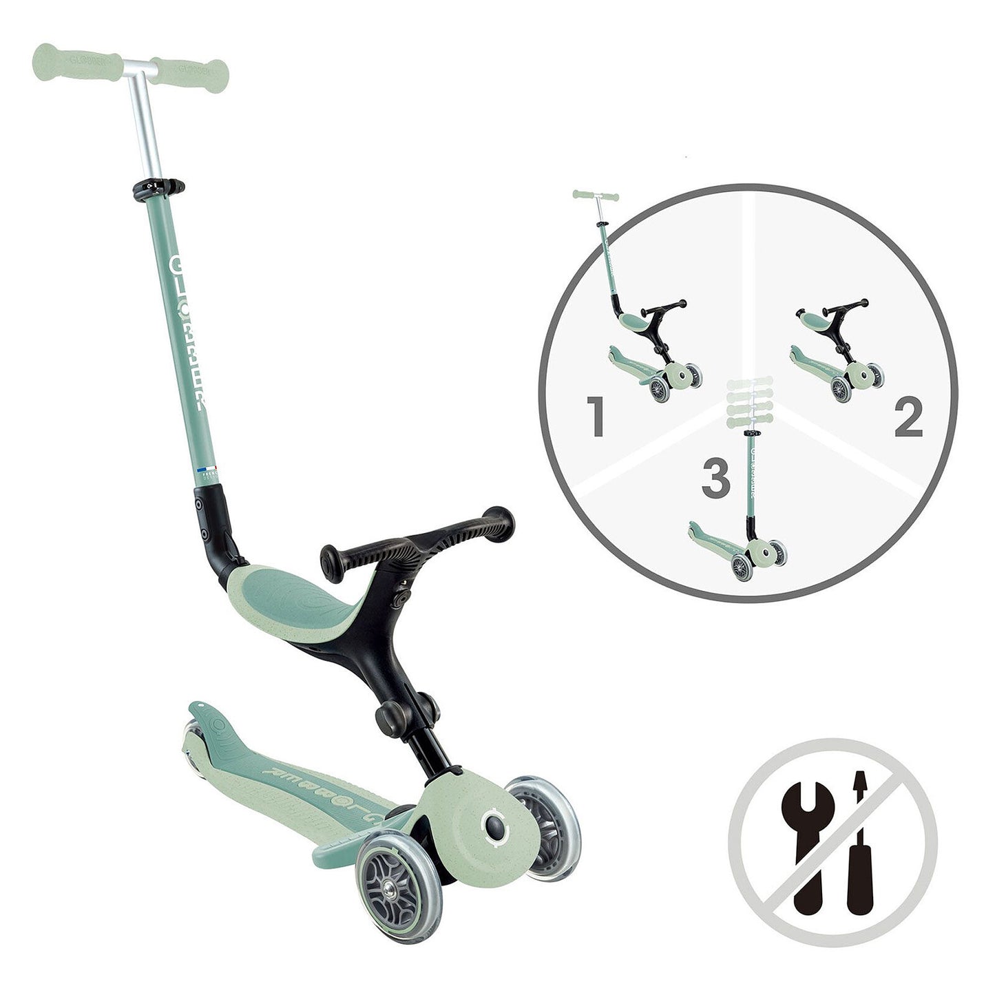 Schéma des 3 positions de la trottinette Globber Go Up Active Eco