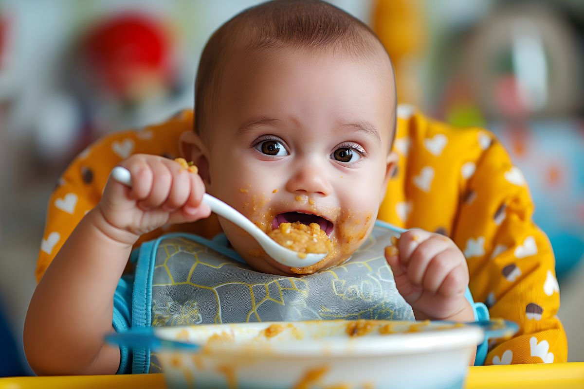Bébé assis sur une chaise haute, en train de manger avec une assiette colorée