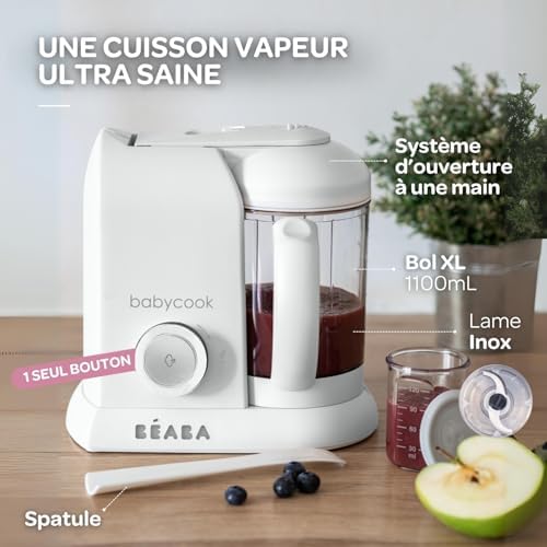 BÉABA, Babycook Solo, Robot Bébé 4 en 1 Mixeur-Cuiseur, Cuisson Vapeur, Diversification alimentaire, Petits pots bébé maison, White/Silver|B07N12NWHD