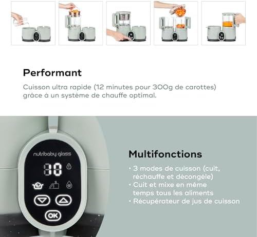 Babymoov Robot Cuiseur Bébé Nutribaby Glass - Bols en Verre - 4 en 1 Mixeur Cuiseur Vapeur, Grande Contenance 1,9L, Cuisson Saine des Aliments, Vert Celadon|B0DPT2532Y