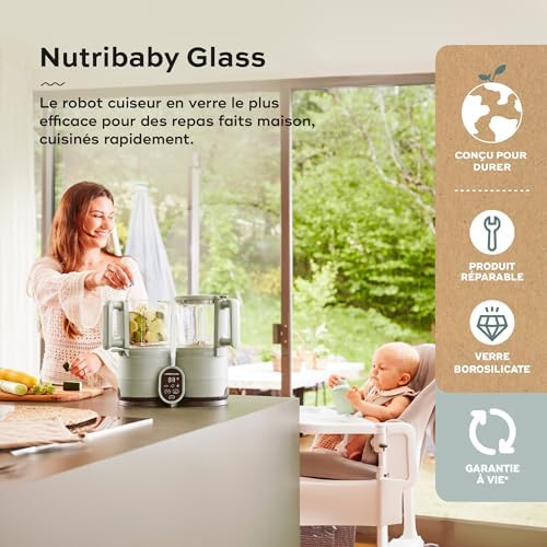 Babymoov Robot Cuiseur Bébé Nutribaby Glass - Bols en Verre - 4 en 1 Mixeur Cuiseur Vapeur, Grande Contenance 1,9L, Cuisson Saine des Aliments, Vert Celadon|B0DPT2532Y