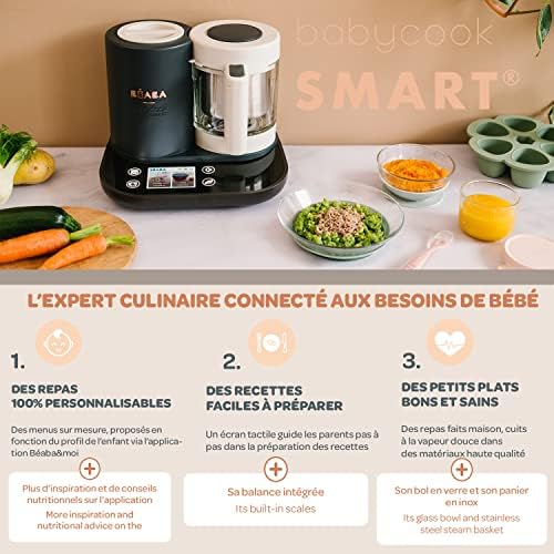 BÉABA - Babycook Smart - Robot Cuiseur Mixeur Bébé Connecté - Balance Intégrée - Bol en Verre - Panier Inox - Large Capacité 2.25L- Cuisson Vapeur Douce- Ecran Tactile/Application dédiée - Anthracite|B09TKS4SJJ