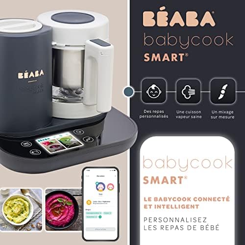BÉABA - Babycook Smart - Robot Cuiseur Mixeur Bébé Connecté - Balance Intégrée - Bol en Verre - Panier Inox - Large Capacité 2.25L- Cuisson Vapeur Douce- Ecran Tactile/Application dédiée - Anthracite|B09TKS4SJJ