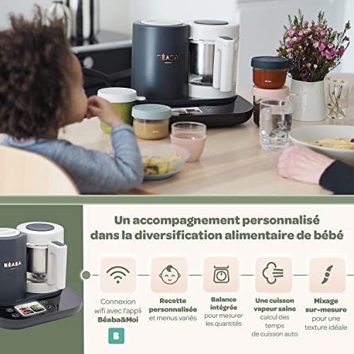BÉABA - Babycook Smart - Robot Cuiseur Mixeur Bébé Connecté - Balance Intégrée - Bol en Verre - Panier Inox - Large Capacité 2.25L- Cuisson Vapeur Douce- Ecran Tactile/Application dédiée - Anthracite|B09TKS4SJJ