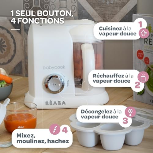 BÉABA, Babycook Solo, Robot Bébé 4 en 1 Mixeur-Cuiseur, Cuisson Vapeur, Diversification alimentaire, Petits pots bébé maison, White/Silver|B07N12NWHD