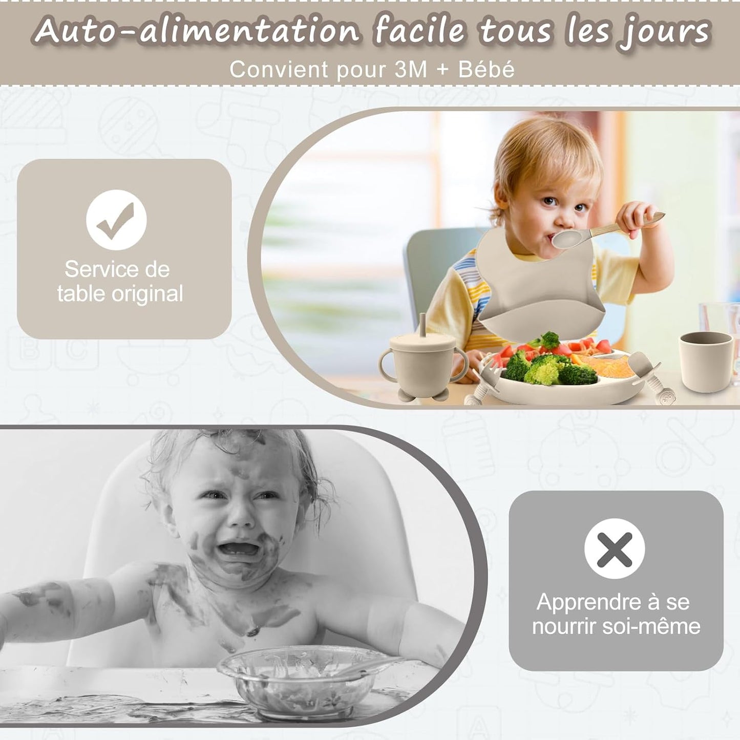 Set repas bébé en silicone (12 pièces)