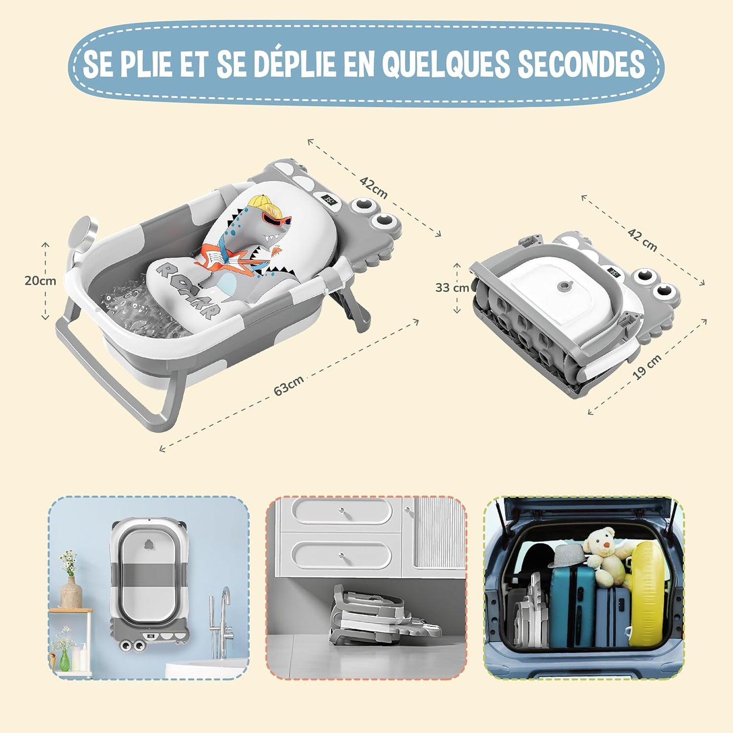 baignoire bébé pliable avec coussin & thermomètre