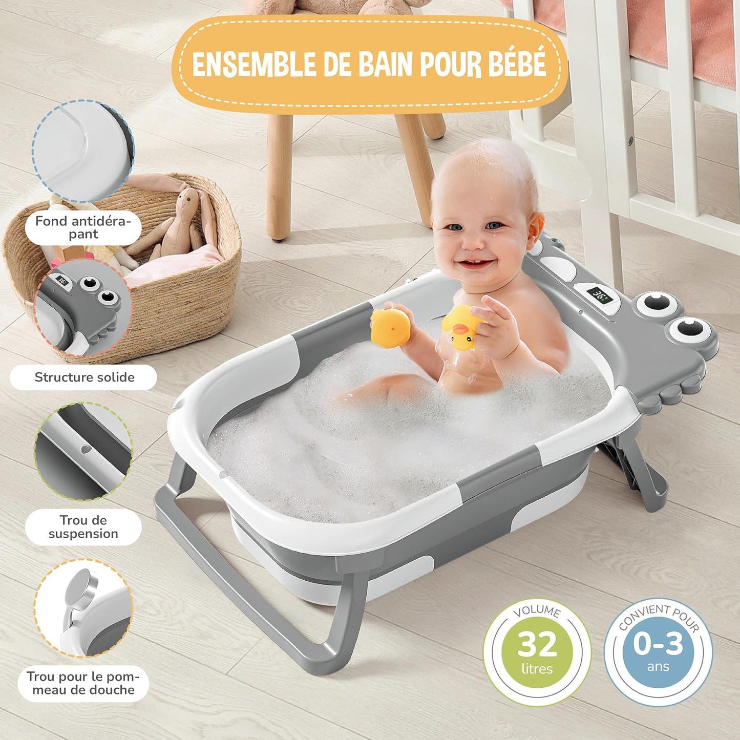 baignoire bébé pliable avec coussin & thermomètre