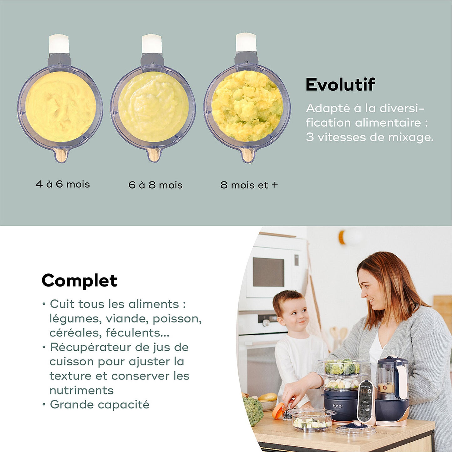 ALT : Robot bébé Babymoov Nutribaby(+) XL – préparation évolutive des repas de 4 à 8 mois et plus, mixage 3 vitesses et cuisson vapeur