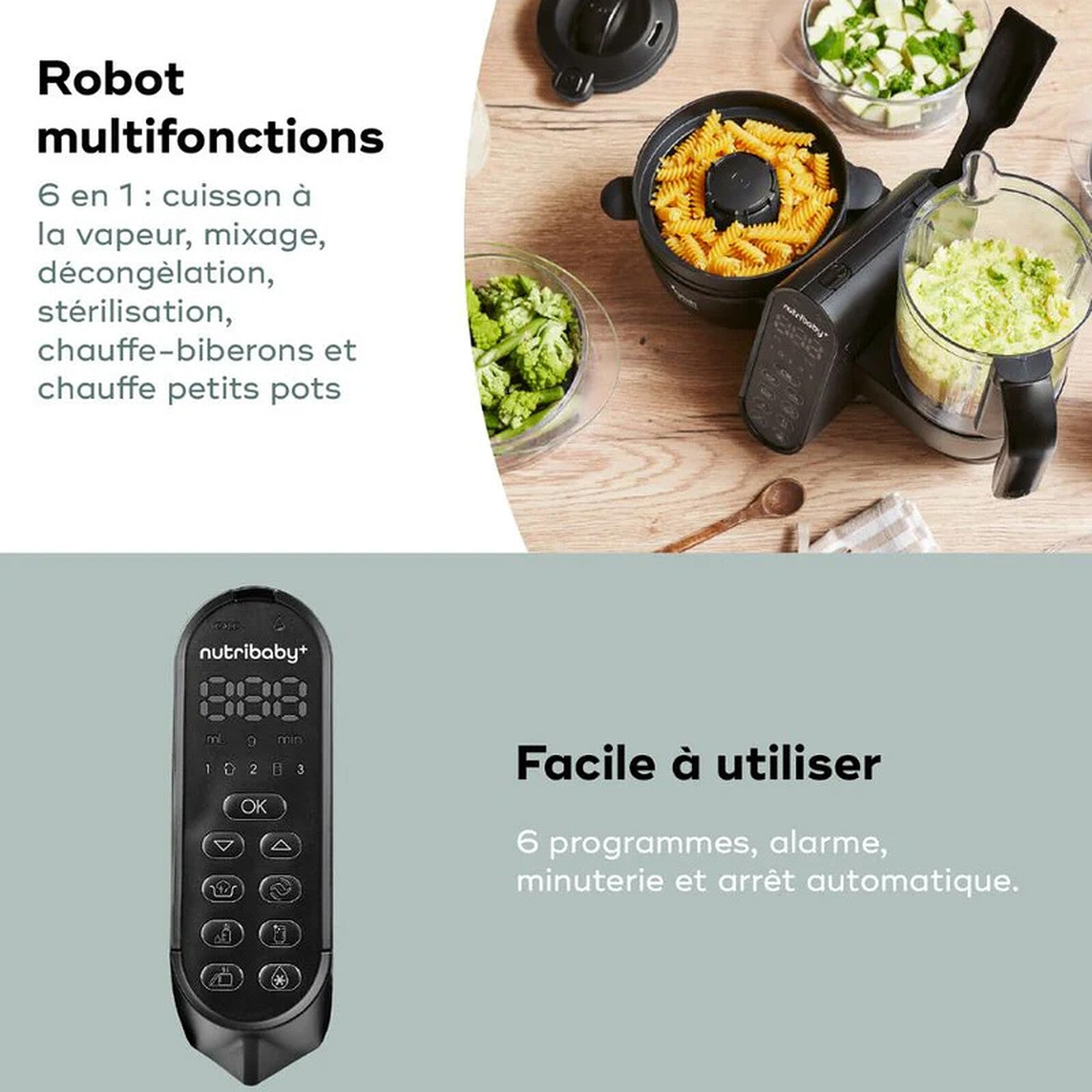 Accessoires et commandes du robot cuiseur bébé Babymoov Nutribaby XL