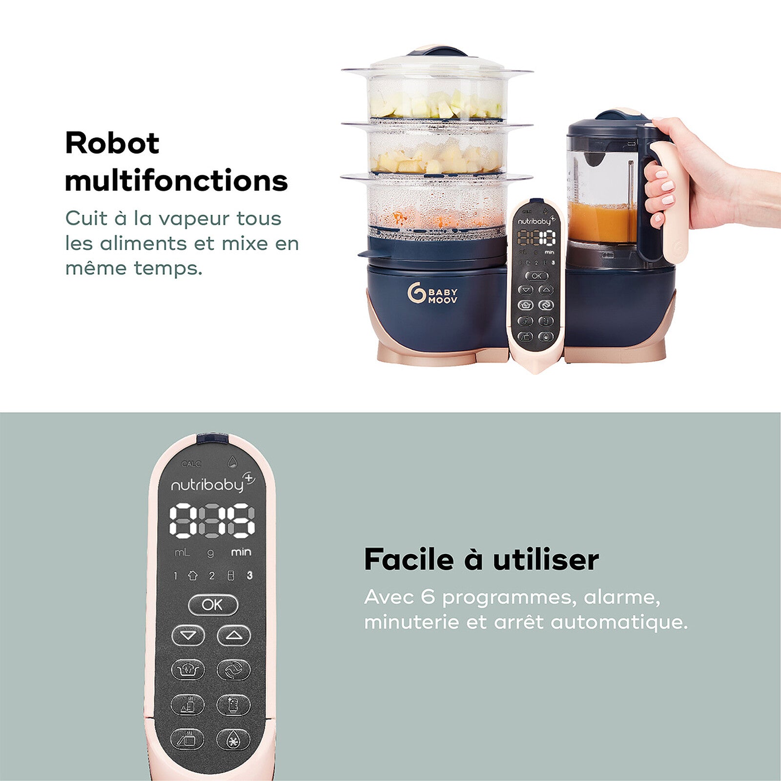 Robot multifonction Babymoov Nutribaby Plus XL bleu nuit – appareil pour la préparation des repas de bébé, cuisson vapeur et mixage simultanés.