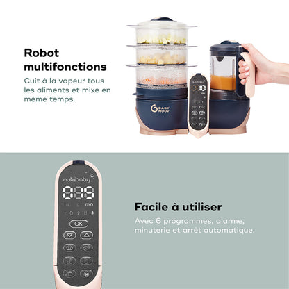 Robot multifonction Babymoov Nutribaby Plus XL bleu nuit – appareil pour la préparation des repas de bébé, cuisson vapeur et mixage simultanés.