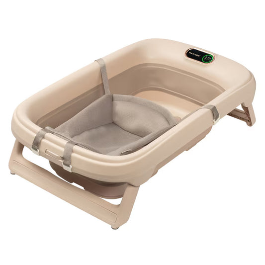 ALT : Baignoire Indigo Plus de Maxi-Cosi, pliable, avec réducteur QuickDry et thermomètre intégré.

