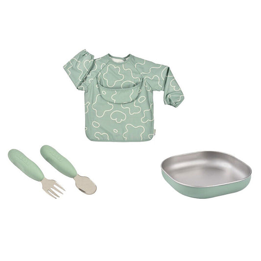 alt="Coffret repas BÉABA Mon Premier Coffret Repas Sage Green avec assiette, couverts et bavoir" 1