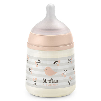 Biberon Suavinex Birdies 150 ml Rose – tétine débit lent  
