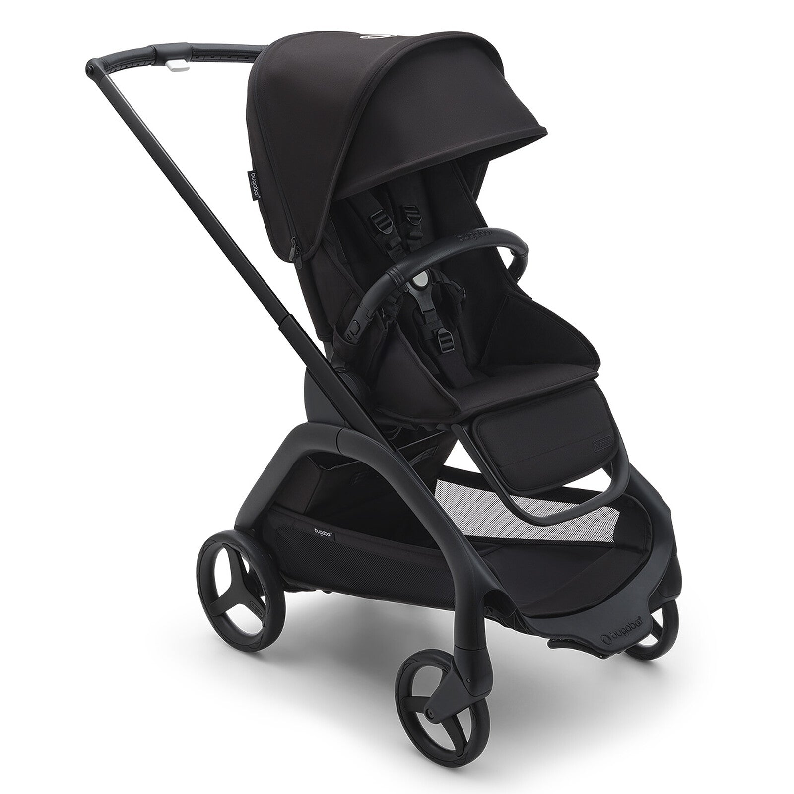 Poussette citadine complète Bugaboo Dragonfly Midnight Black avec châssis noir, pliage compact et confort optimal pour les promenades avec bébé
