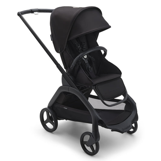 Poussette citadine complète Bugaboo Dragonfly Midnight Black avec châssis noir, pliage compact et confort optimal pour les promenades avec bébé
