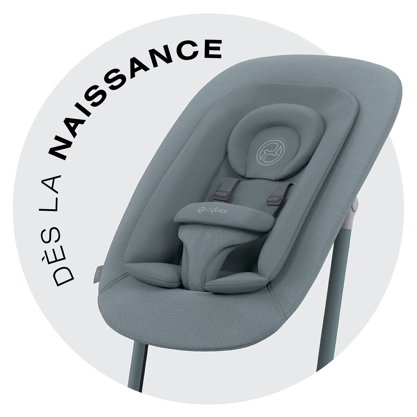 Chaise haute Cybex LEMO 4-en-1 Set Stone Blue avec roulettes arrières pour un déplacement facile.