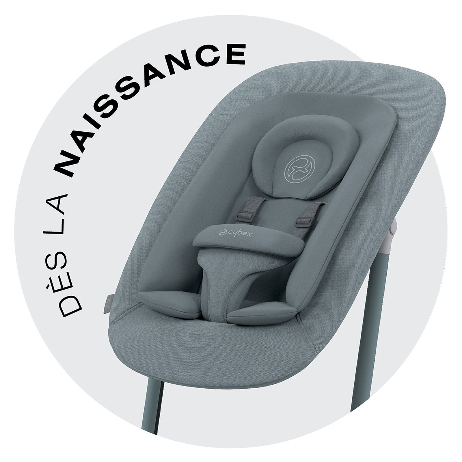 Chaise haute Cybex LEMO 4-en-1 Set Stone Blue avec roulettes arrières pour un déplacement facile.