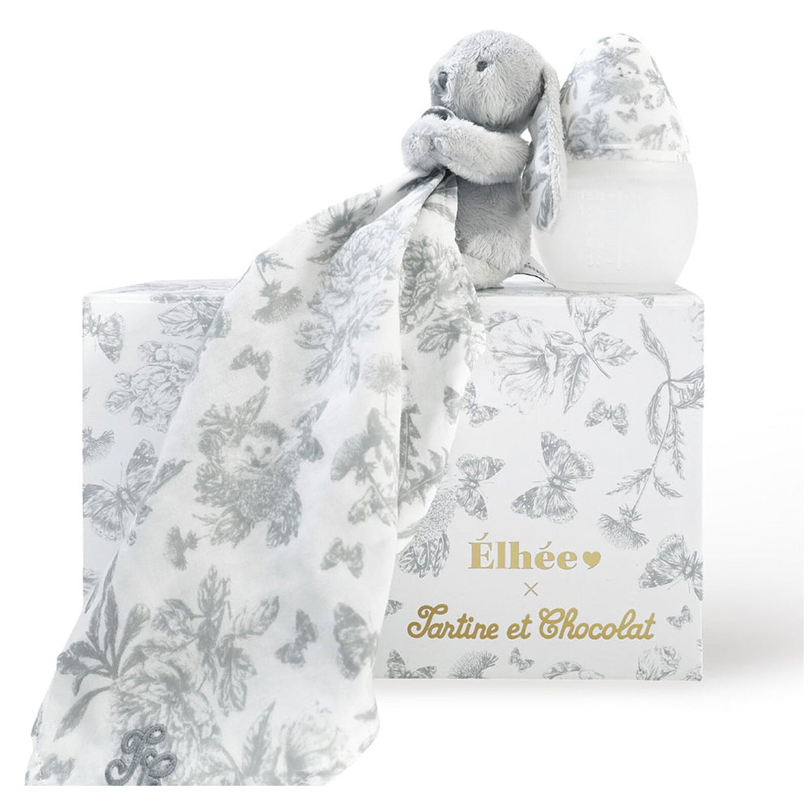 Coffret biberon Elhée BibRond 150 ml en silicone médical avec doudou Toile de Jouy gris
