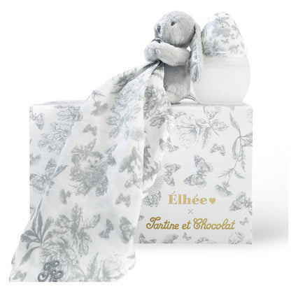 Coffret biberon Elhée BibRond 150 ml en silicone médical avec doudou Toile de Jouy gris
