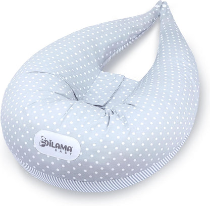 Coussin d’allaitement gris à pois blancs Dilamababy – soutien ergonomique pour maman et bébé
