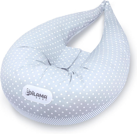 Coussin d’allaitement gris à pois blancs Dilamababy – soutien ergonomique pour maman et bébé
