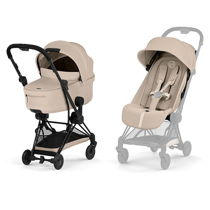 Pack Cybex Coya Confort 2026 Matt Black Cozy Beige avec poussette ultra compacte et nacelle pliable pour accompagner bébé dès la naissance