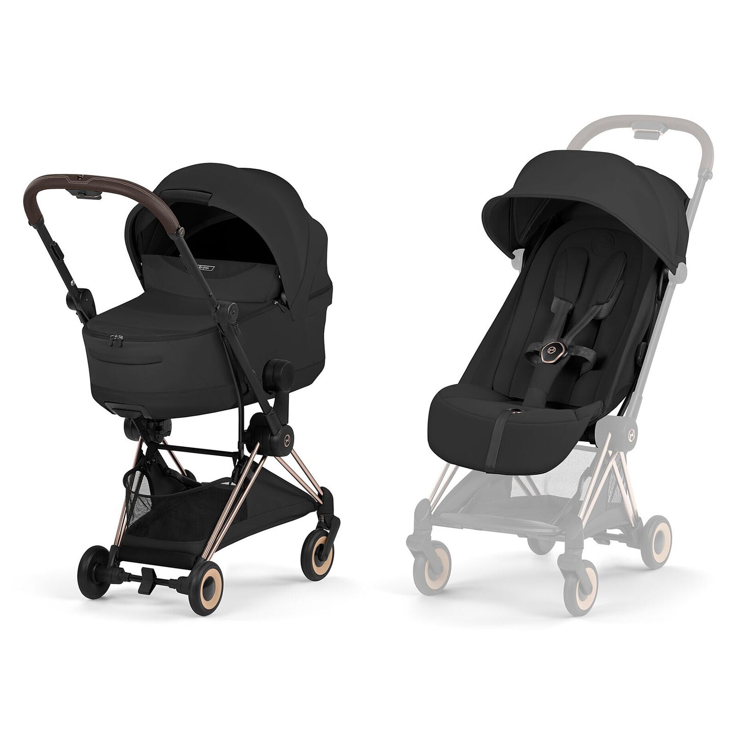 Pack Cybex Coya Confort 2026 Rosegold Sepia Black avec poussette ultra compacte et nacelle pour les déplacements dès la naissance