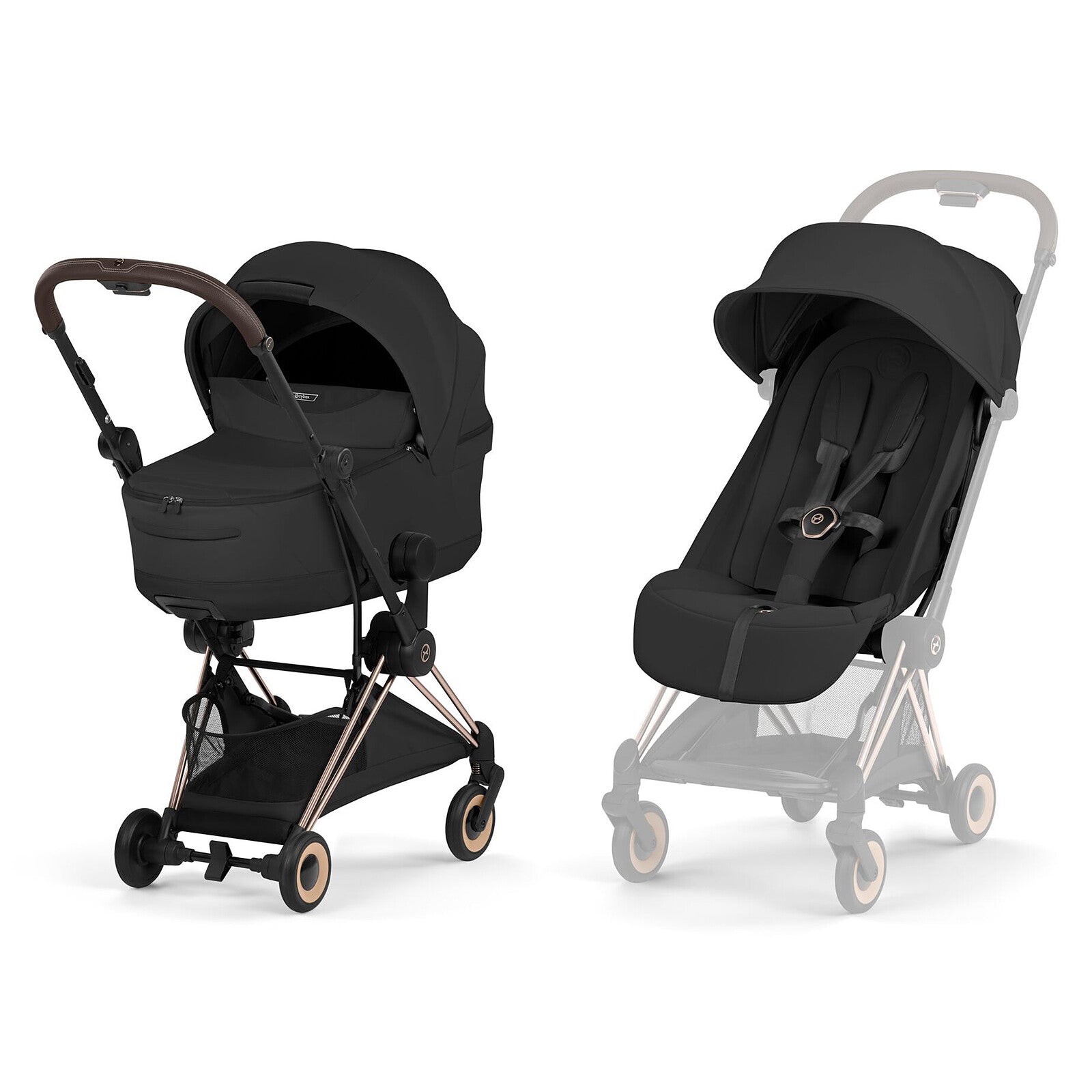 Pack Cybex Coya Confort 2026 Rosegold Sepia Black avec poussette ultra compacte et nacelle pour les déplacements dès la naissance