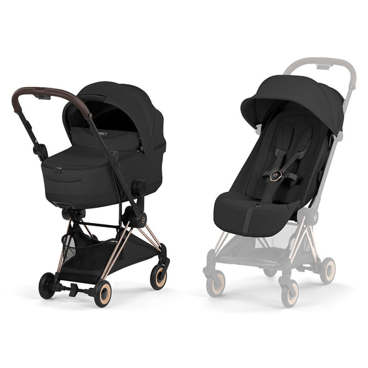 Pack Cybex Coya Confort 2026 Rosegold Sepia Black avec poussette ultra compacte et nacelle pour les déplacements dès la naissance