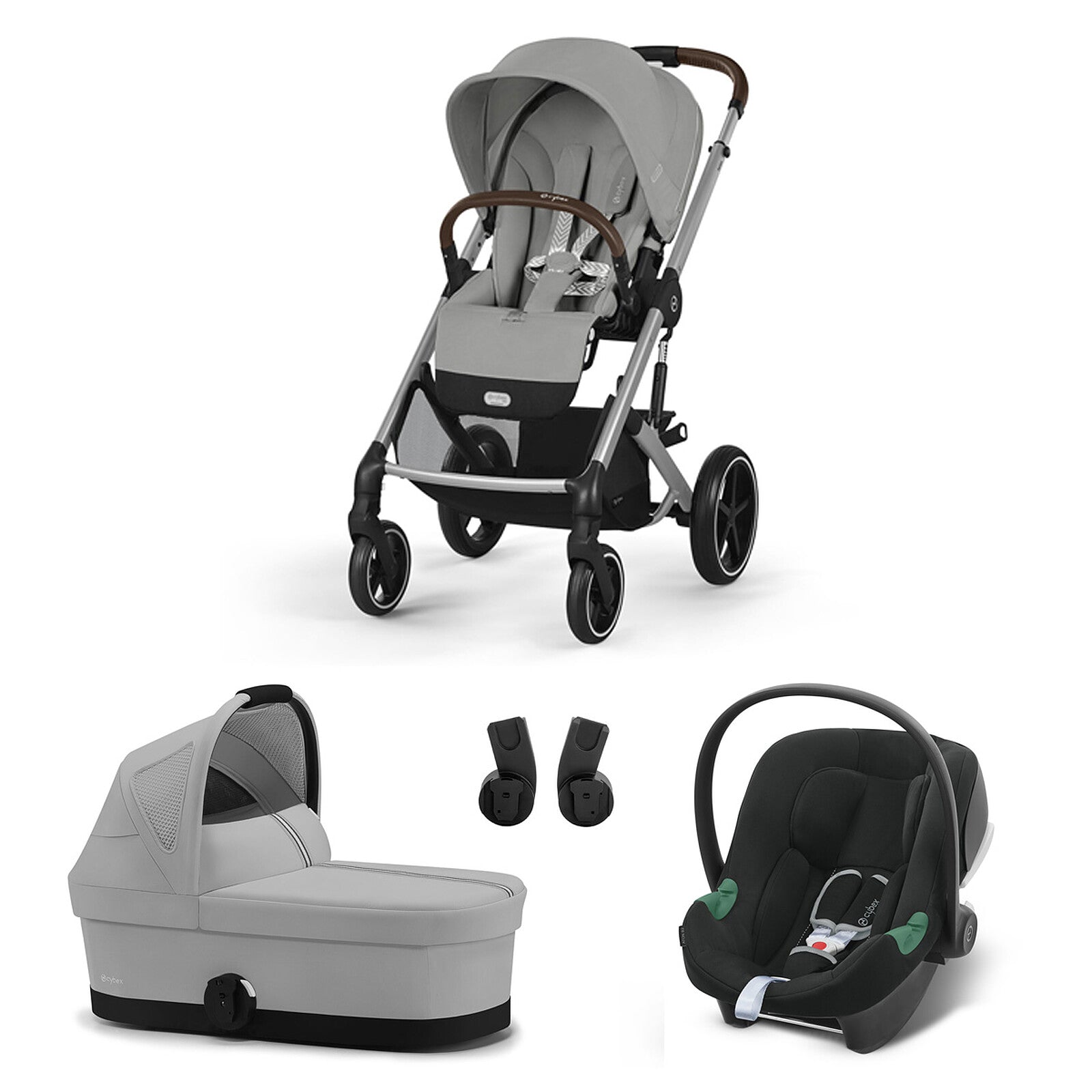 Pack poussette trio Cybex Balios S Lux Stone Grey avec siège auto Aton B2 i-Size, nacelle Cot S et cadre argent pour accompagner bébé dès la naissance