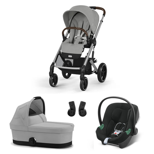 Pack poussette trio Cybex Balios S Lux Stone Grey avec siège auto Aton B2 i-Size, nacelle Cot S et cadre argent pour accompagner bébé dès la naissance