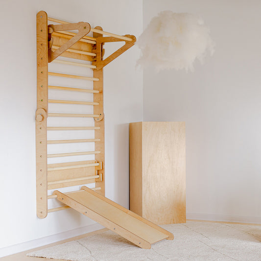 Échelle d’escalade avec toboggan Duck Woodworks en bois naturel – vue d’ensemble
