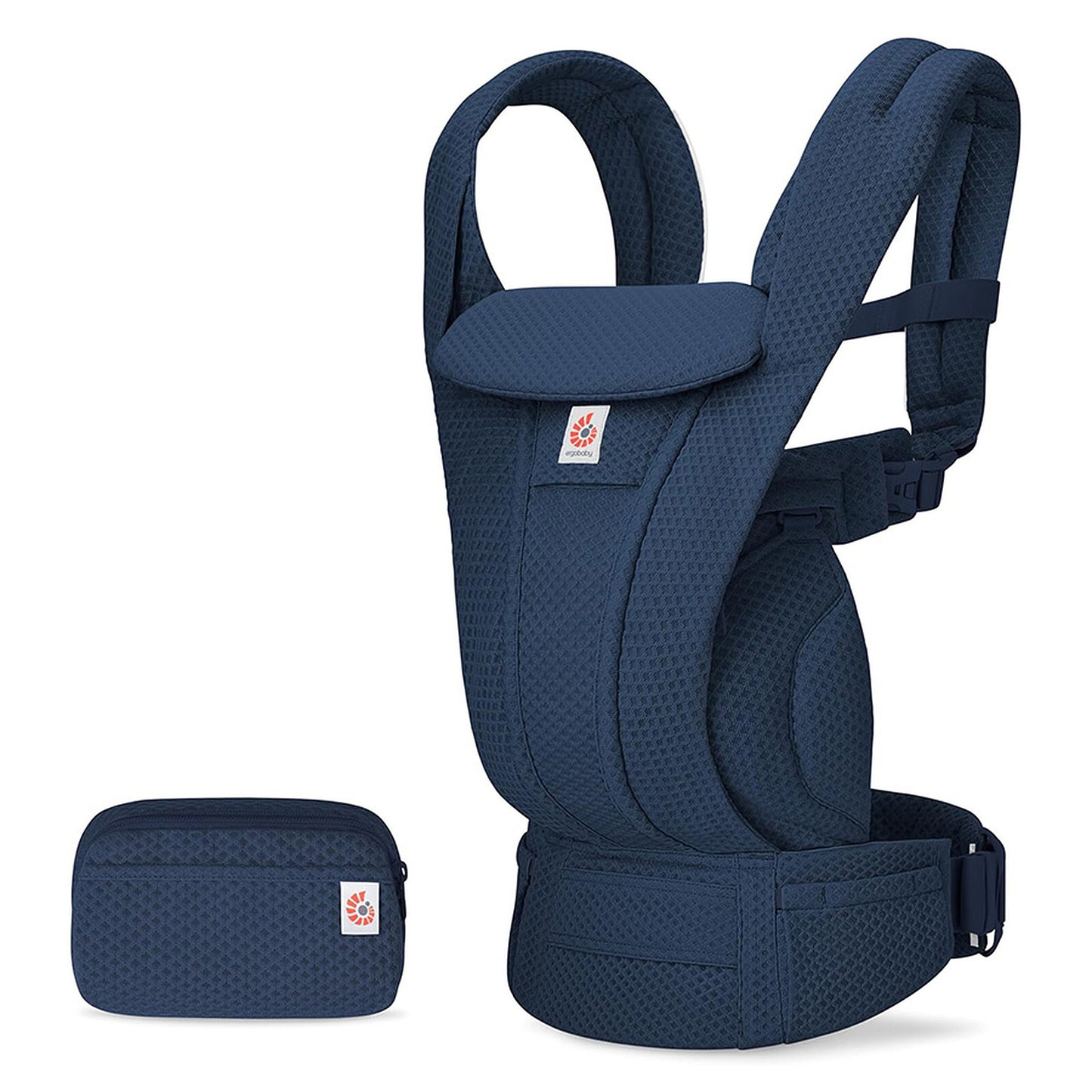 ALT : Porte-bébé Ergobaby Omni Deluxe Mesh Bleu Nuit porté par un parent, vue de face