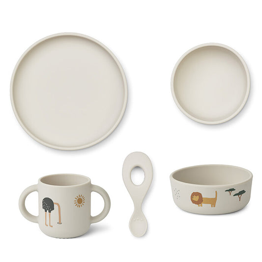 alt="Set repas 4 pièces Liewood Vivi Safari Sandy Mix tasse, assiette, bol et cuillère" 1