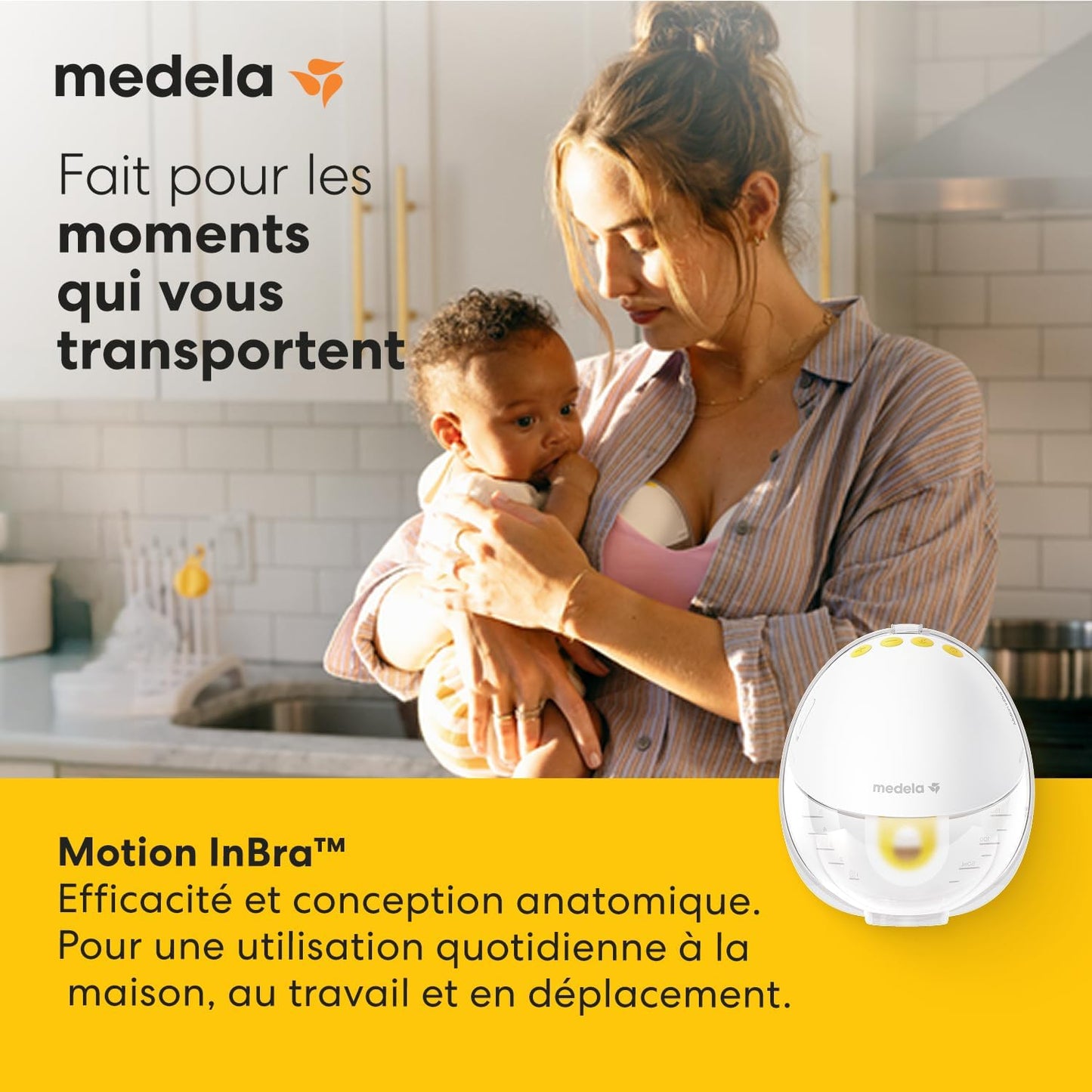 ire-lait électrique Medela Motion utilisé par une maman avec son bébé