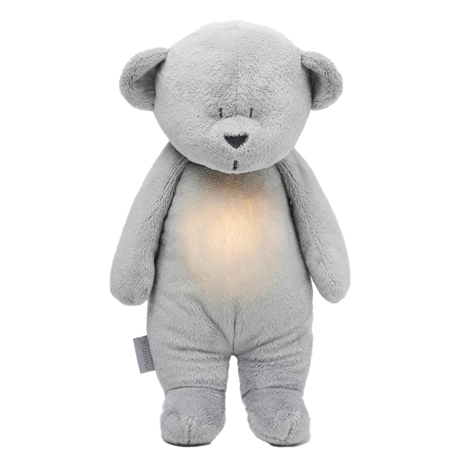 Peluche veilleuse musicale Ourson moonie gris allumée dans une chambre de bébé