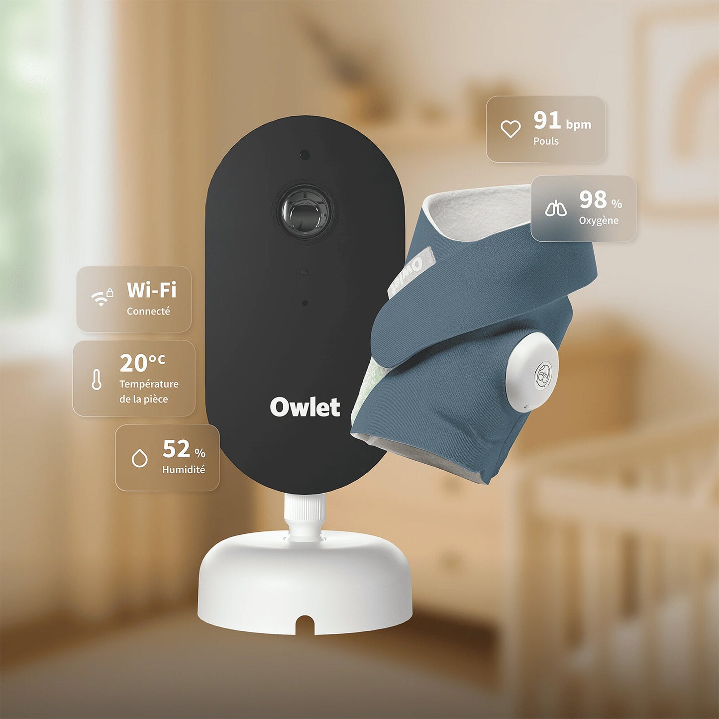 Caméra Owlet Dream Cam 3 en fonctionnement sur table